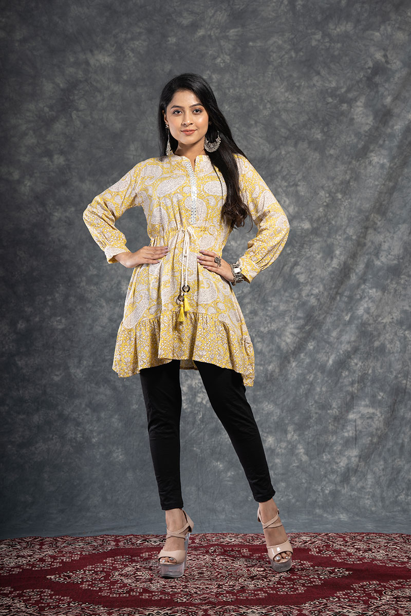 Twara mustard yellow foil printed motifs & neck embroidery 3/4th sleeve  umbrella-type modal rayon kurti