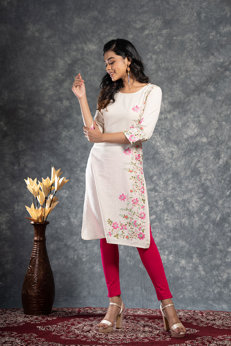 Buy Best Cream White Floral Embroidered Kurti for Women